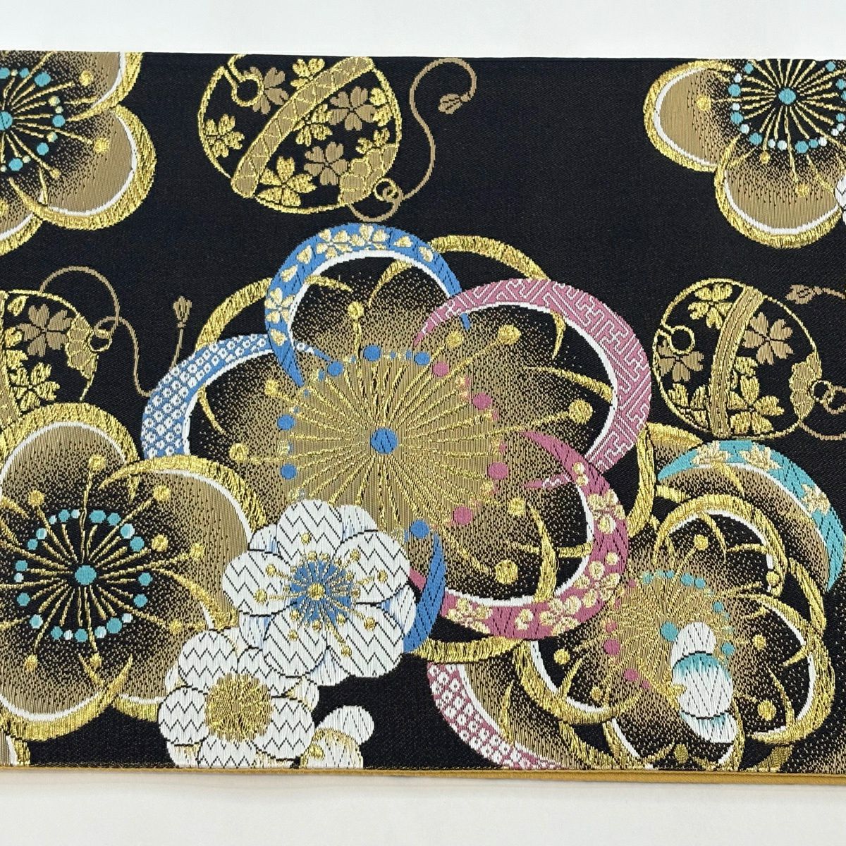 【美品】 袋帶 秀品級 梅花 鈴 金糸 金金箔 黑 六通 純蠶絲