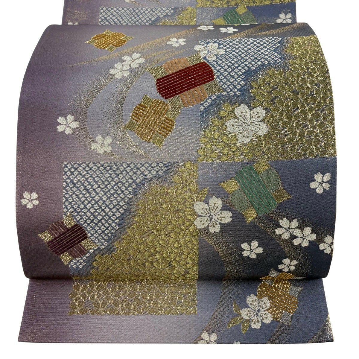 【美品】 袋帶 秀品級 線圈 櫻花 金金箔 金絲 青紫 六通 純蠶絲