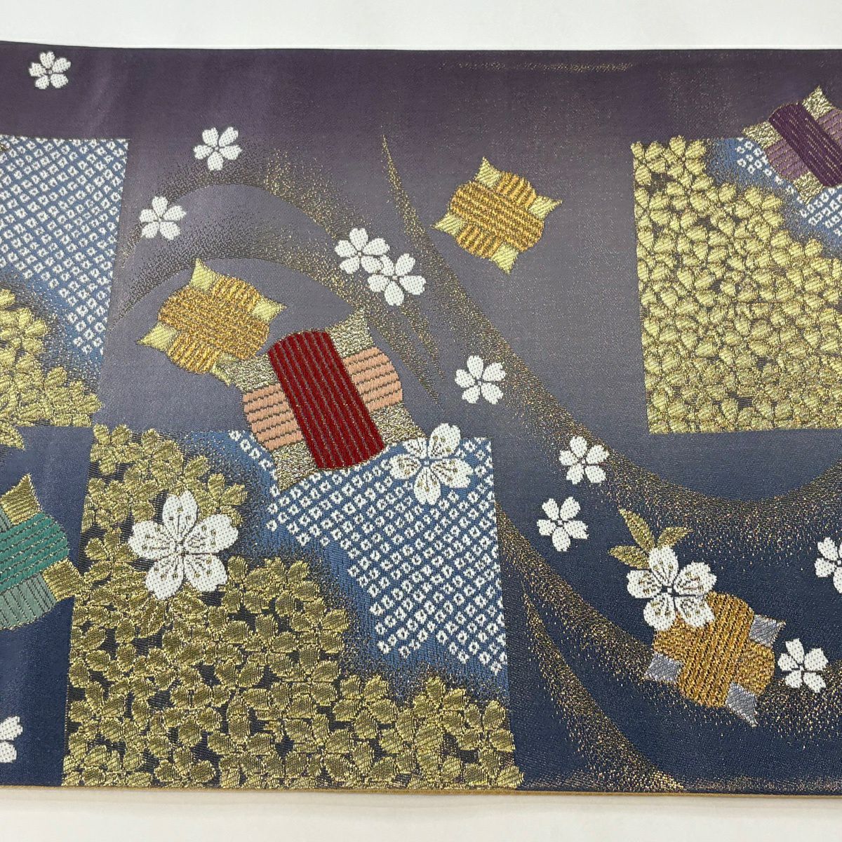 【美品】 袋帶 秀品級 線圈 櫻花 金金箔 金絲 青紫 六通 純蠶絲