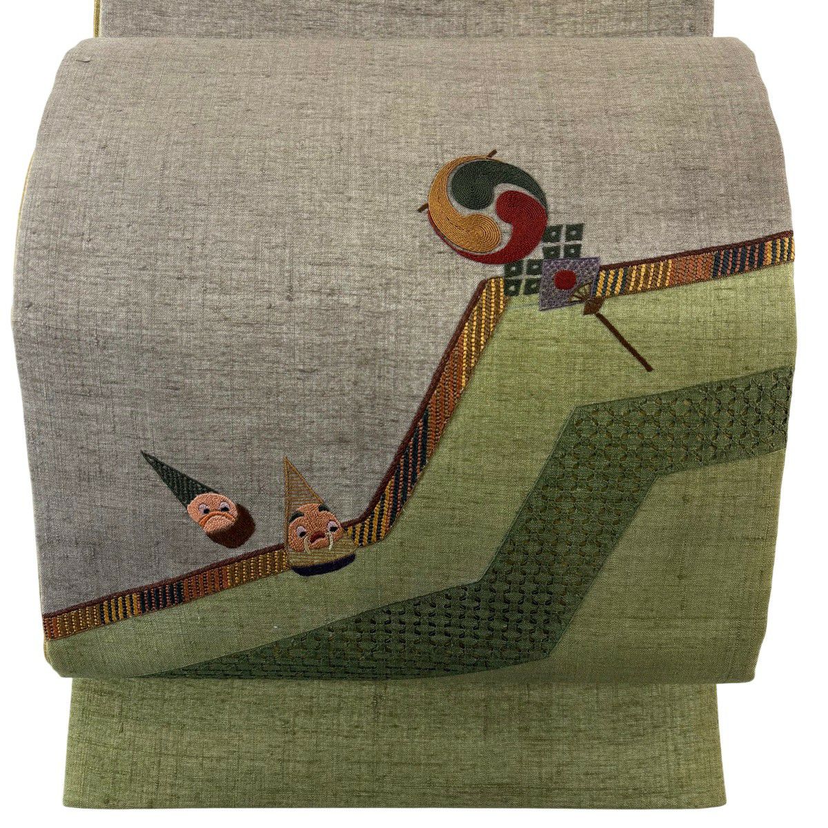 袋帶 秀品級 紬織織 玩具 刺繡 灰茶 お太鼓圖案 純蠶絲