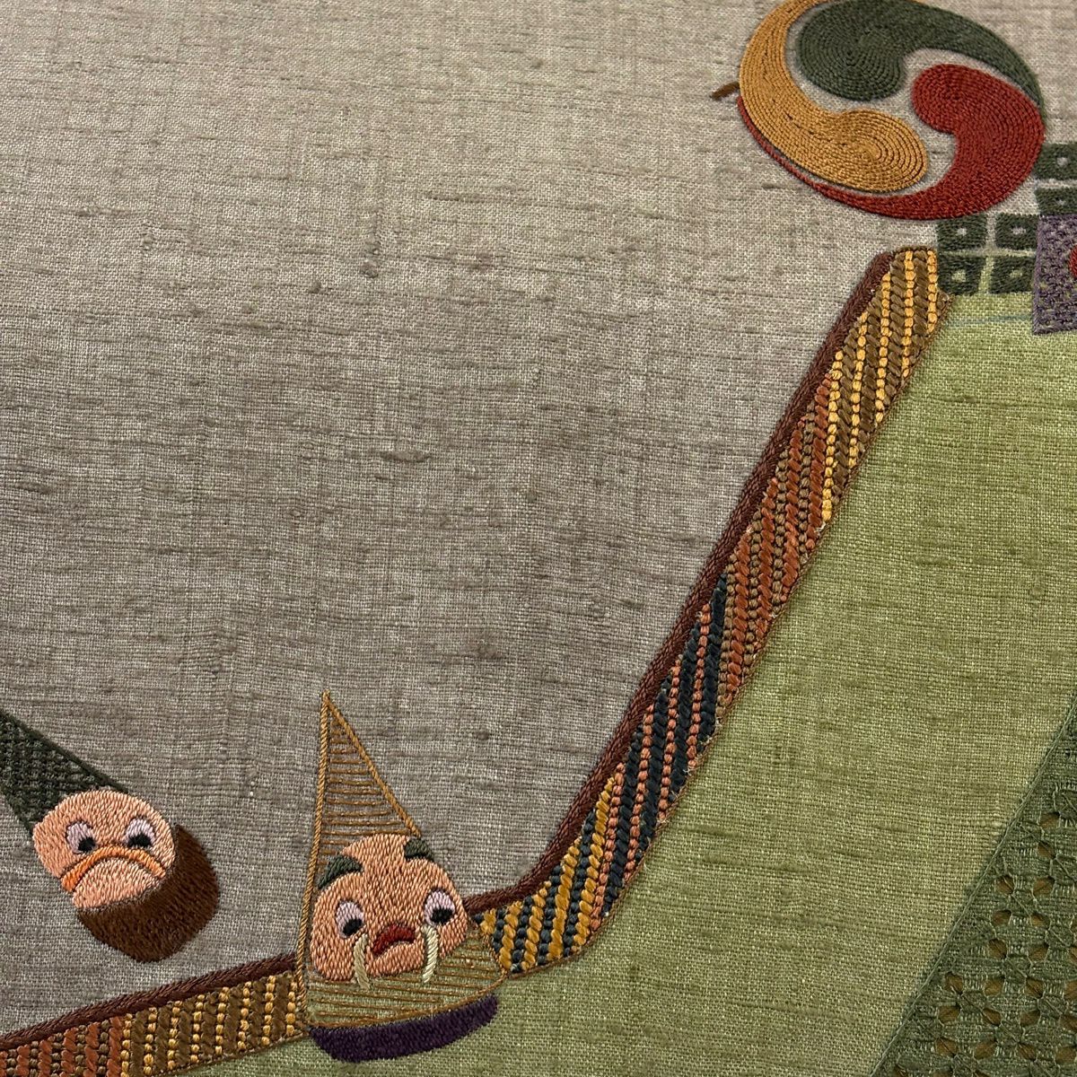 袋帶 秀品級 紬織織 玩具 刺繡 灰茶 お太鼓圖案 純蠶絲