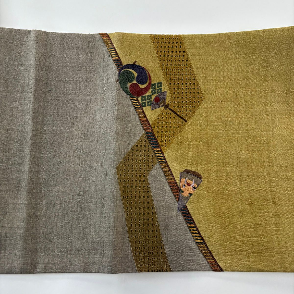 袋帶 秀品級 紬織織 玩具 刺繡 灰茶 お太鼓圖案 純蠶絲