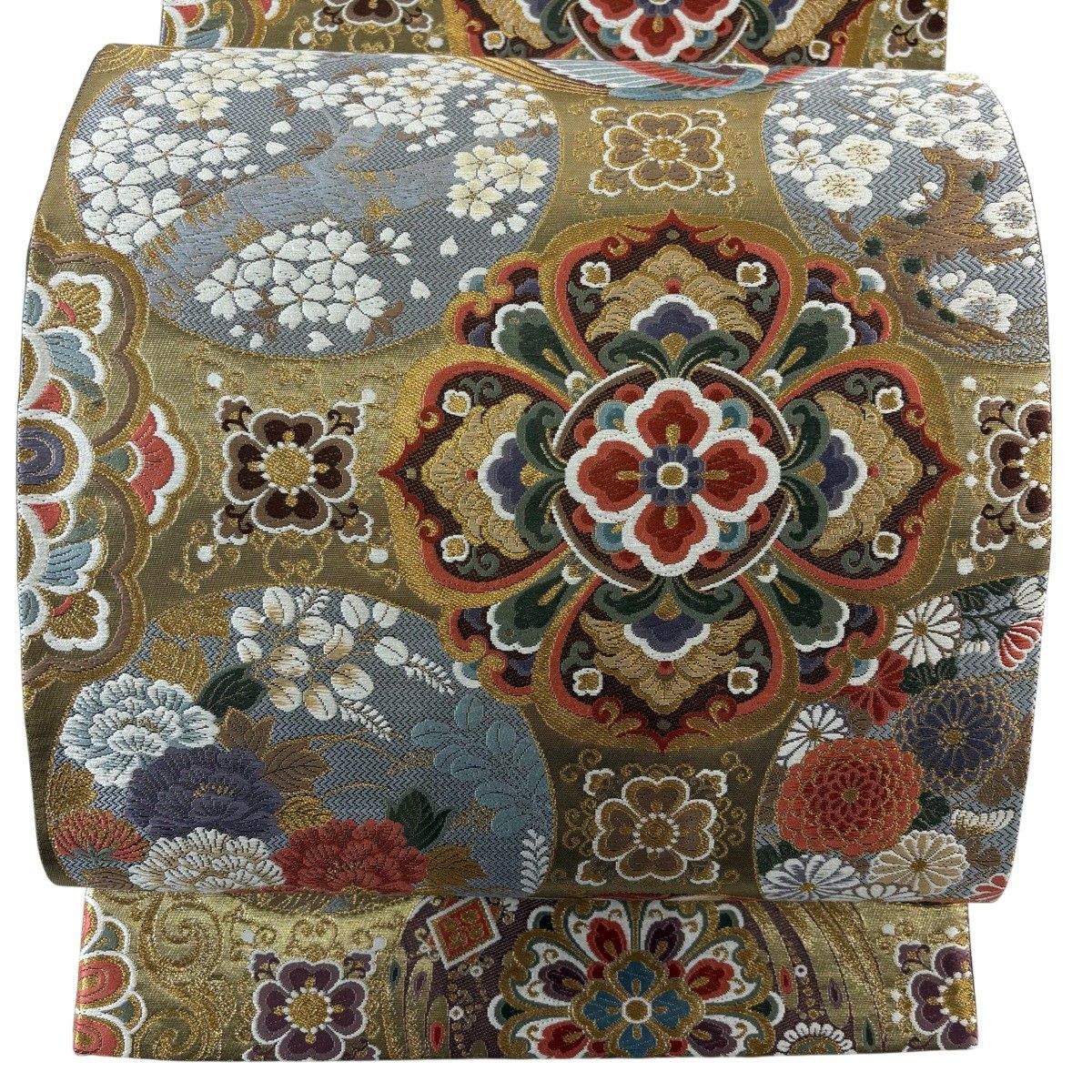 【美品】 袋帶 秀品級 華紋 鳥 金絲 金金箔 金色 六通 純蠶絲