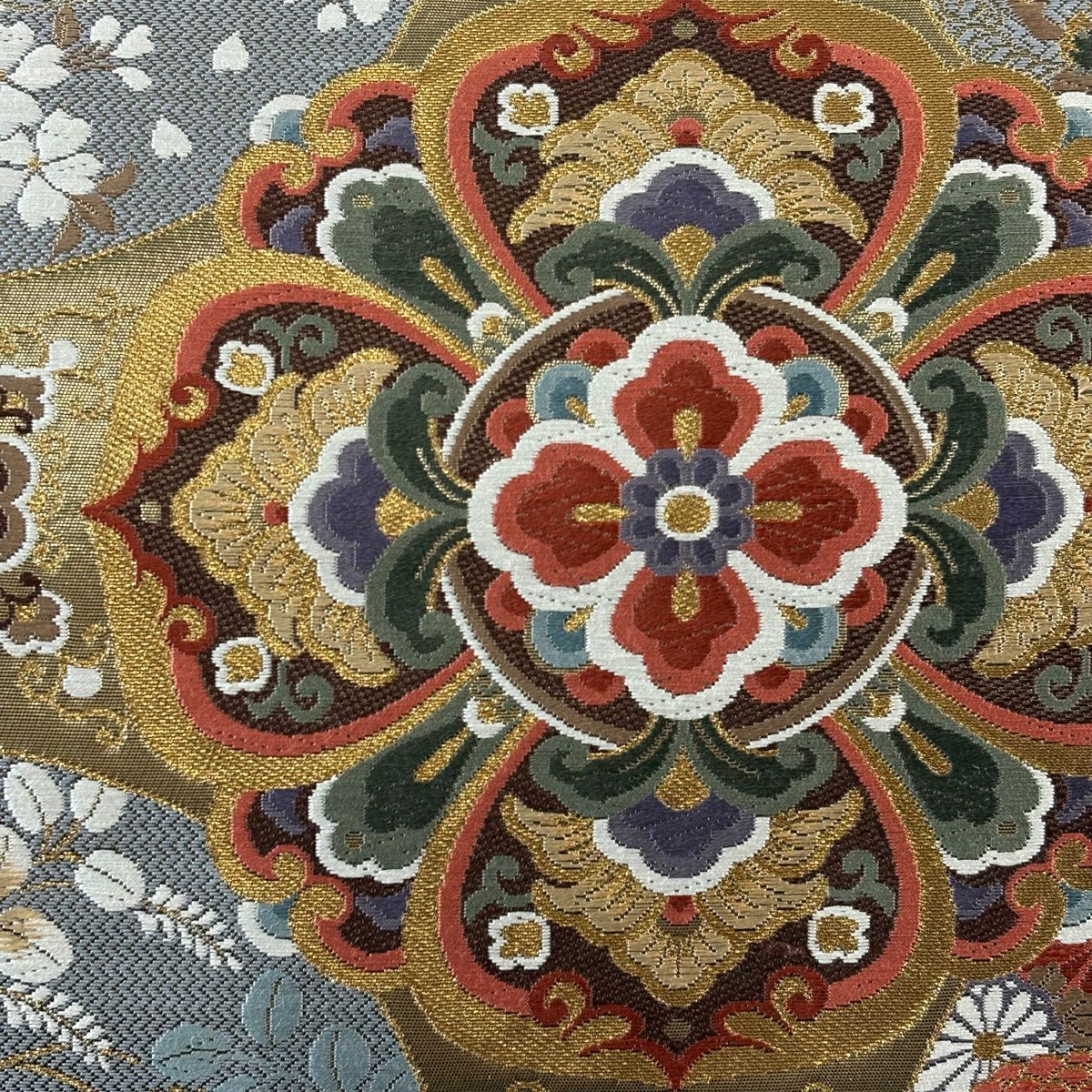 【美品】 袋帶 秀品級 華紋 鳥 金絲 金金箔 金色 六通 純蠶絲