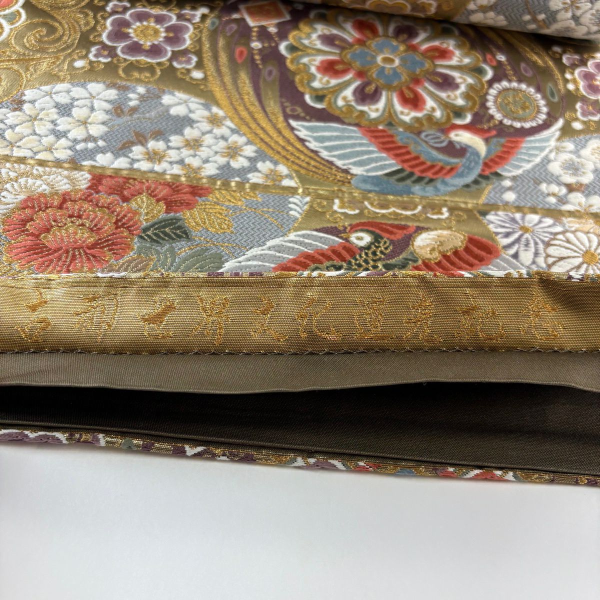 【美品】 袋帶 秀品級 華紋 鳥 金絲 金金箔 金色 六通 純蠶絲