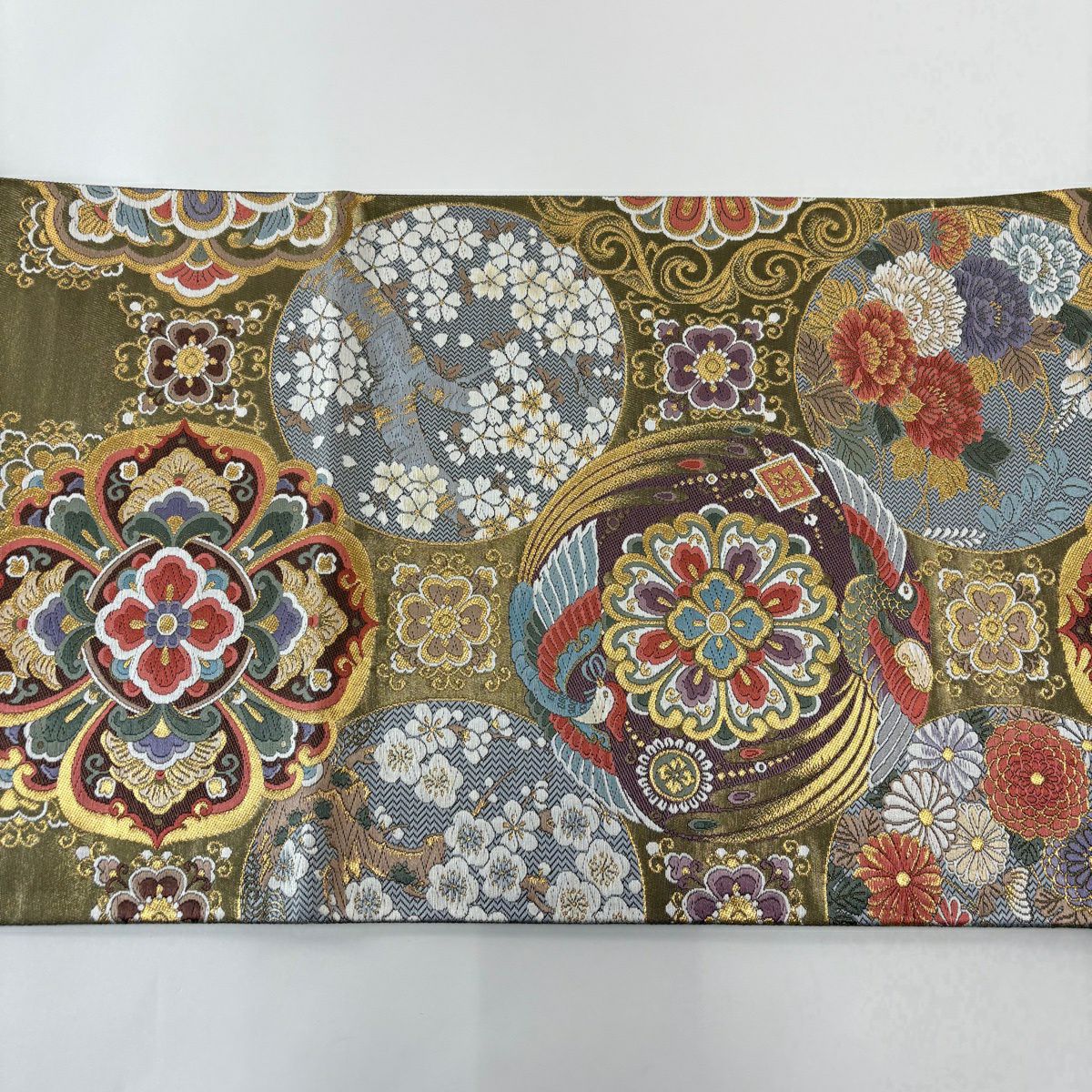 【美品】 袋帶 秀品級 華紋 鳥 金絲 金金箔 金色 六通 純蠶絲