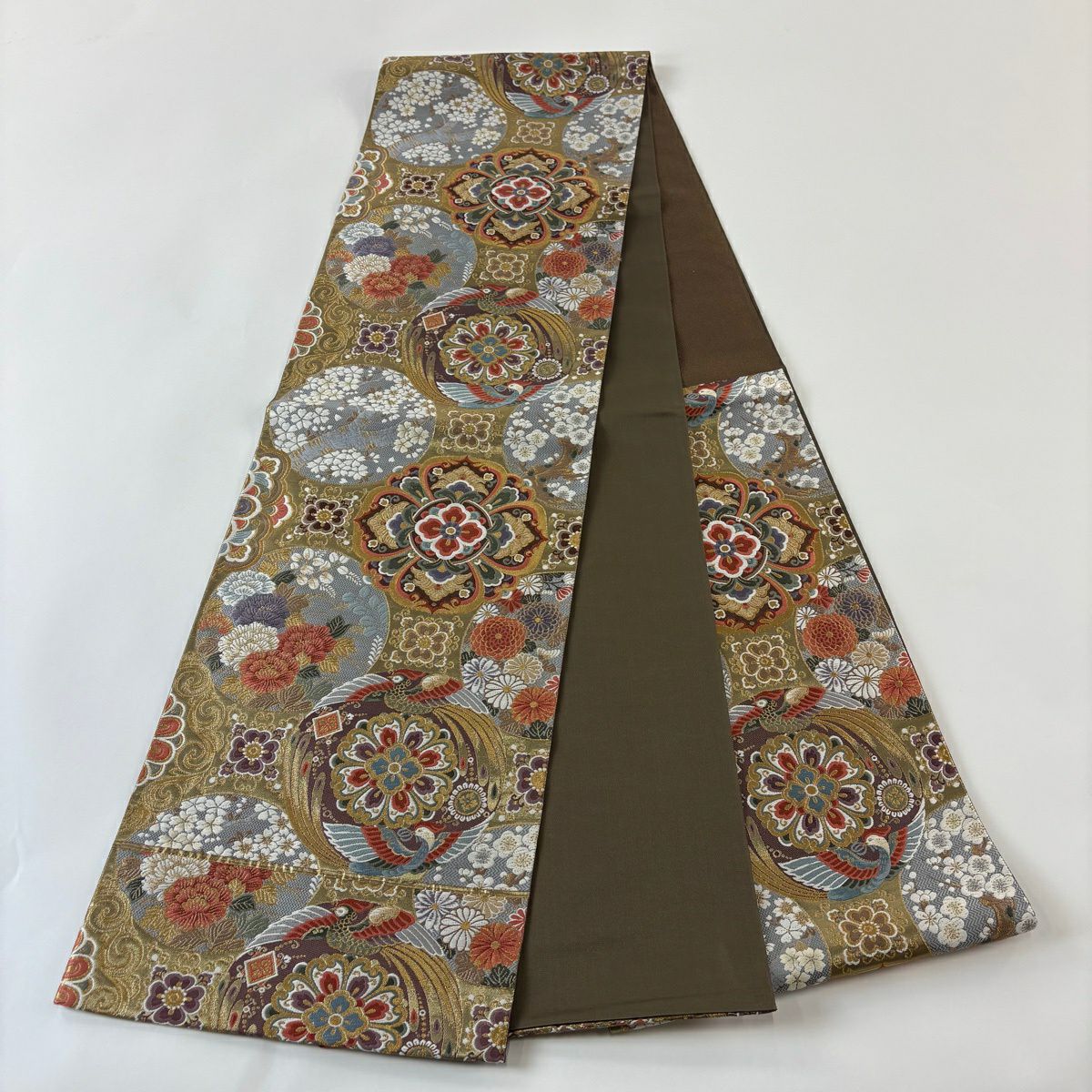 【美品】 袋帶 秀品級 華紋 鳥 金絲 金金箔 金色 六通 純蠶絲