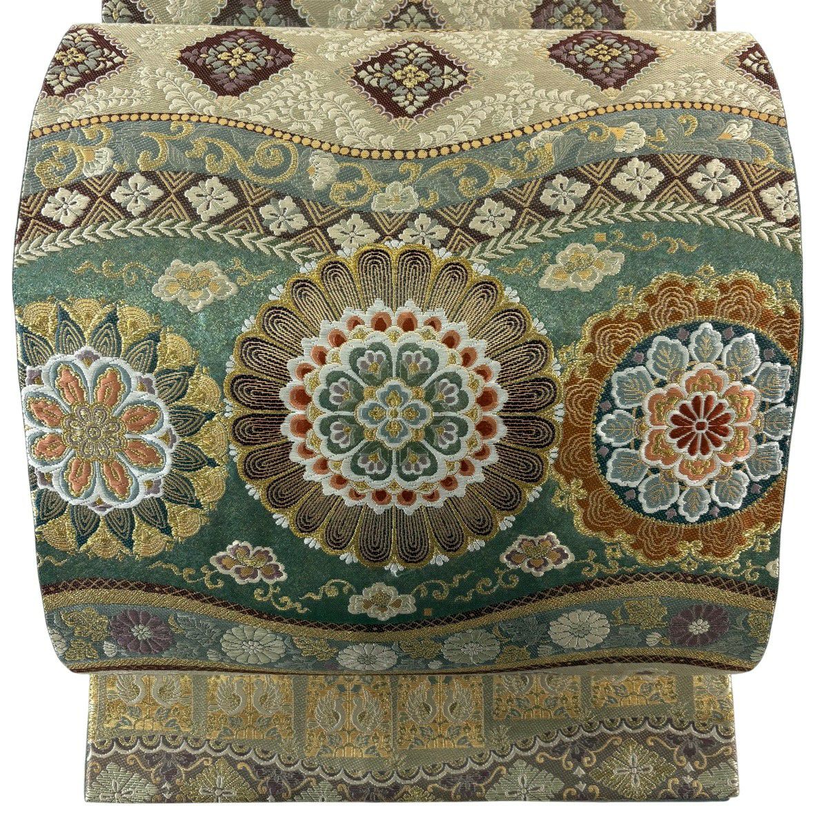 【美品】 袋帶 秀品級 華紋 花唐草紋 金絲 金金箔 綠 六通 純蠶絲