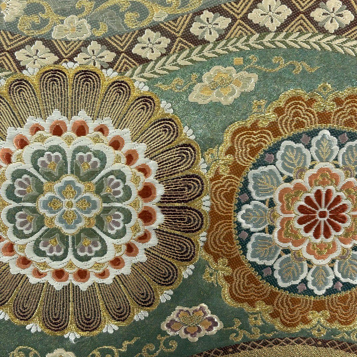【美品】 袋帶 秀品級 華紋 花唐草紋 金絲 金金箔 綠 六通 純蠶絲