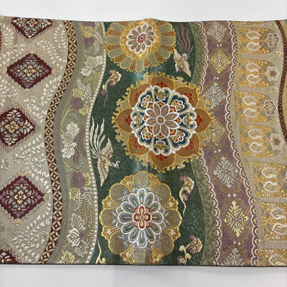 【美品】 袋帶 秀品級 華紋 花唐草紋 金絲 金金箔 綠 六通 純蠶絲