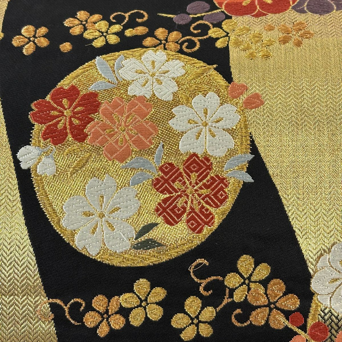袋帶 秀品級 蝶 草花紋 金絲 金金箔 金 六通 純蠶絲
