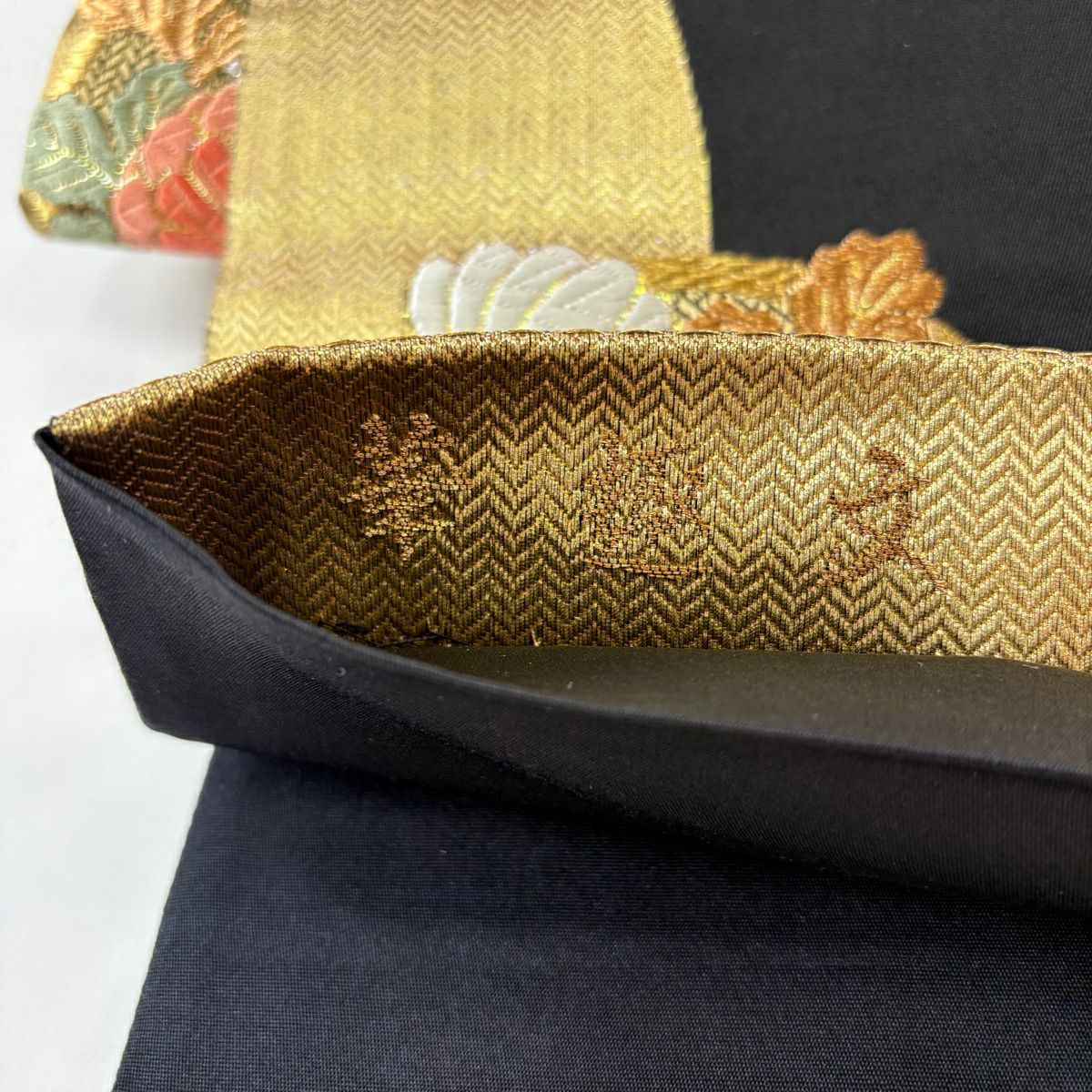 袋帶 秀品級 蝶 草花紋 金絲 金金箔 金 六通 純蠶絲