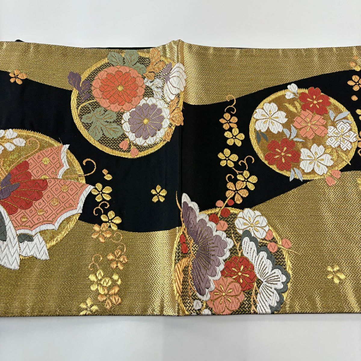 袋帶 秀品級 蝶 草花紋 金絲 金金箔 金 六通 純蠶絲