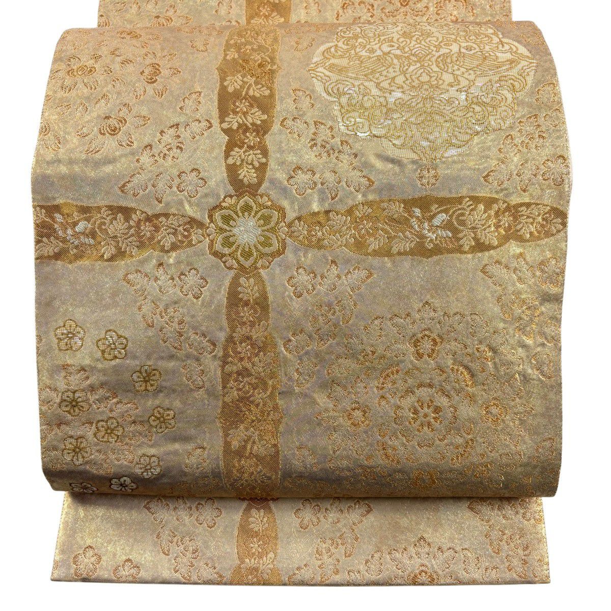 【美品】 袋帶 秀品級 向鳥 華紋 金金箔 螺鈿 金 六通 純蠶絲