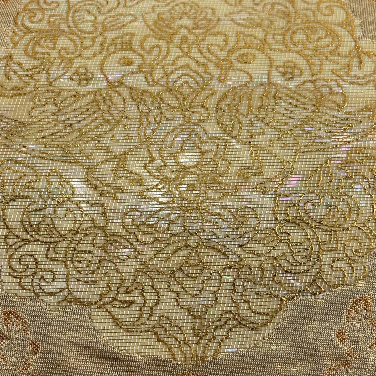 【美品】 袋帶 秀品級 向鳥 華紋 金金箔 螺鈿 金 六通 純蠶絲