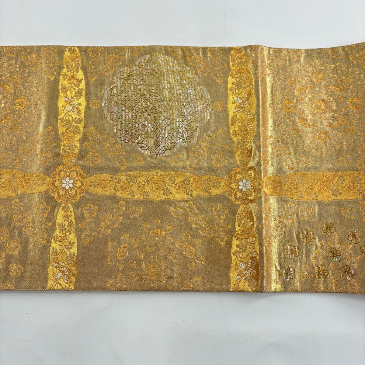 【美品】 袋帶 秀品級 向鳥 華紋 金金箔 螺鈿 金 六通 純蠶絲