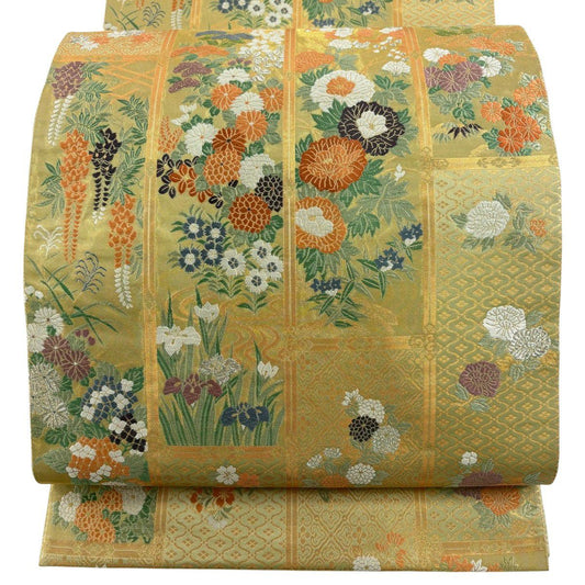 袋帶 秀品級 ますいわ屋 草花紋 流水 金金箔 唐織 抹茶 深藍 六通 純蠶絲