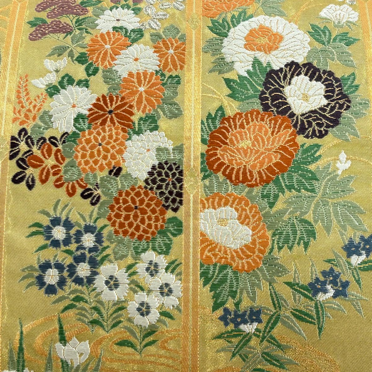袋帶 秀品級 ますいわ屋 草花紋 流水 金金箔 唐織 抹茶 深藍 六通 純蠶絲