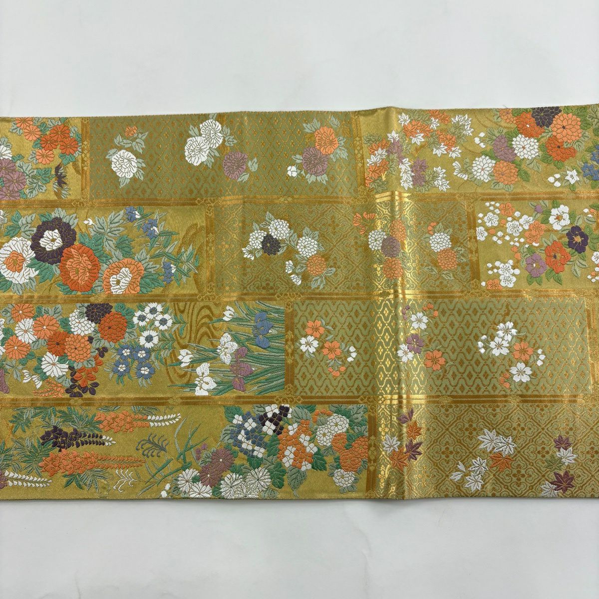 袋帶 秀品級 ますいわ屋 草花紋 流水 金金箔 唐織 抹茶 深藍 六通 純蠶絲