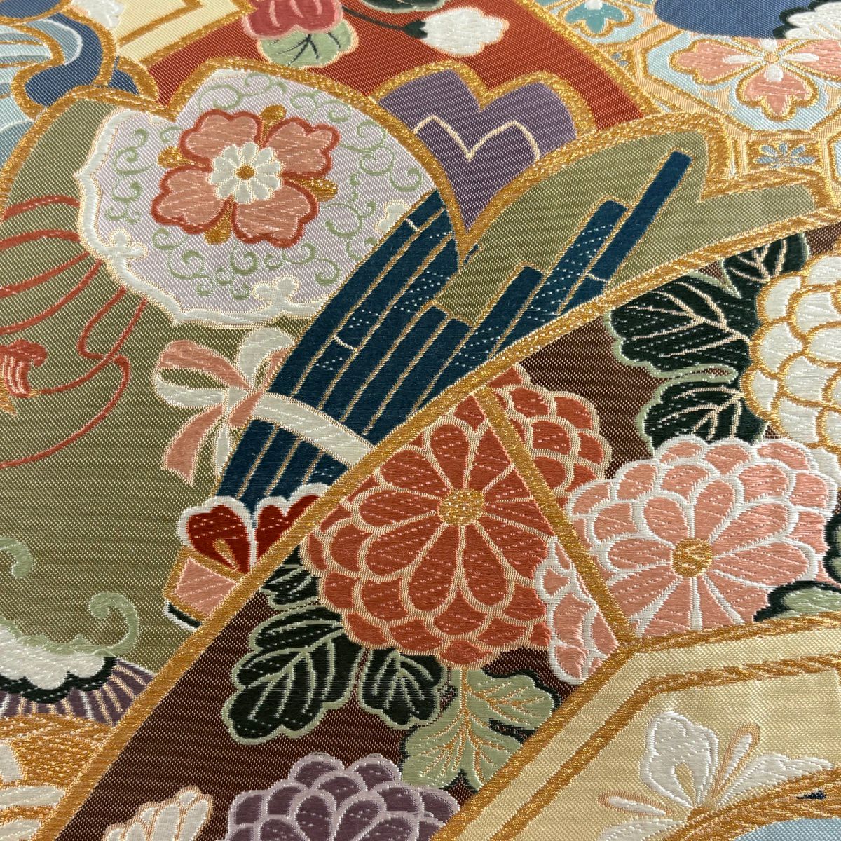 袋帶 秀品級 萬葉波頭紋樣 菊花 唐織 金銀絲 米色 六通 純蠶絲