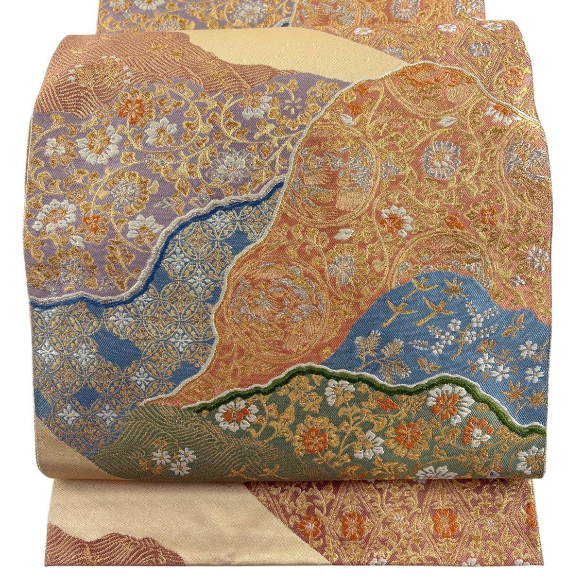 【美品】 袋帶 秀品級 服部織物 落款 花鳥 波 金銀彩 金金箔 米色 六通 純蠶絲