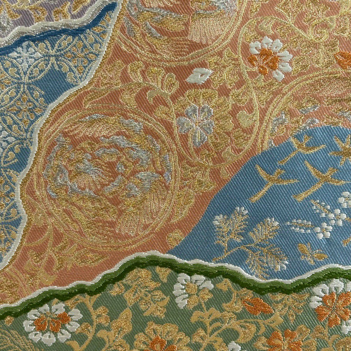 【美品】 袋帶 秀品級 服部織物 落款 花鳥 波 金銀彩 金金箔 米色 六通 純蠶絲