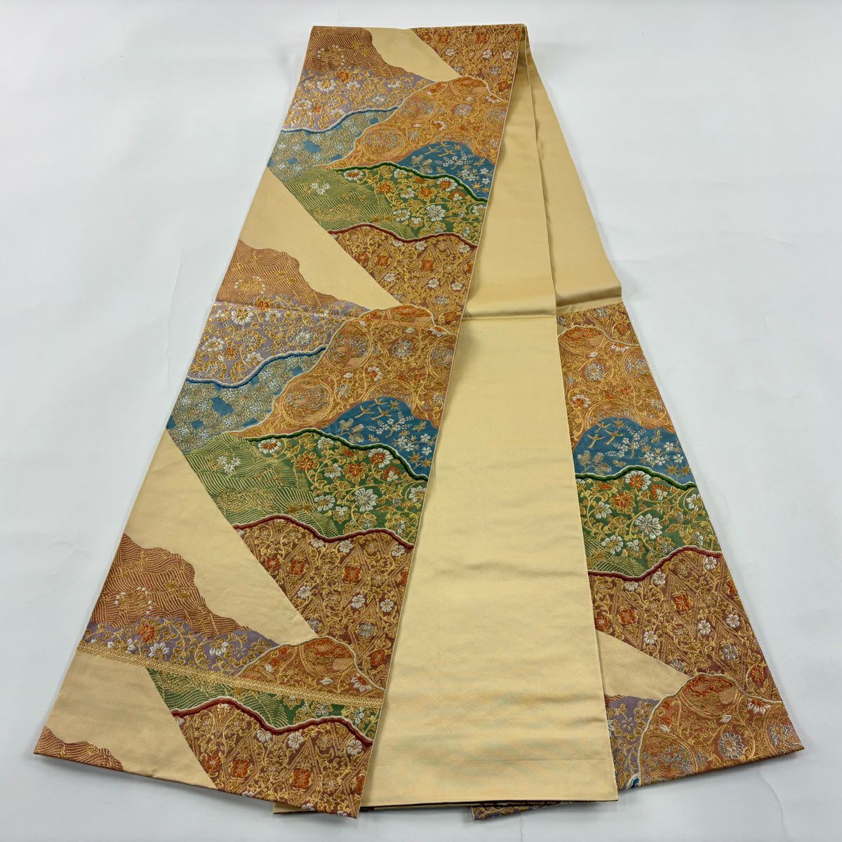 【美品】 袋帶 秀品級 服部織物 落款 花鳥 波 金銀彩 金金箔 米色 六通 純蠶絲