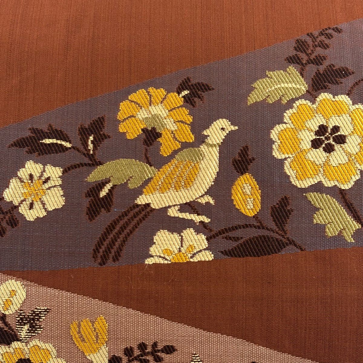 【美品】 袋帶 秀品級 紬織織 花鳥 幾何圖案 紅茶 六通 純蠶絲