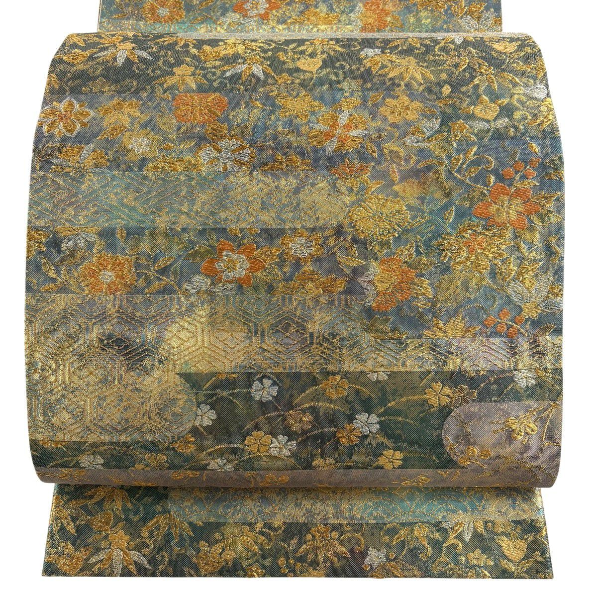 【美品】 袋帶 秀品級 花唐草紋 有職紋樣 金銀彩 金金箔 灰綠 六通 純蠶絲