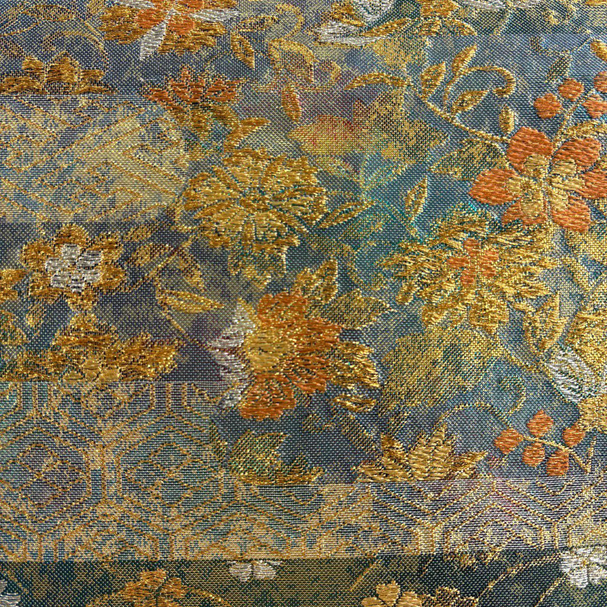 【美品】 袋帶 秀品級 花唐草紋 有職紋樣 金銀彩 金金箔 灰綠 六通 純蠶絲