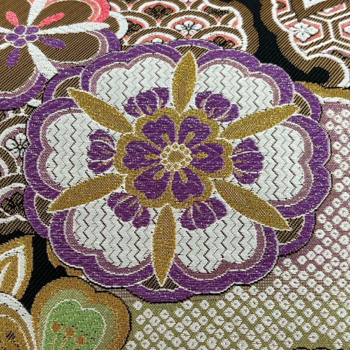 袋帶 秀品級 雪輪 樱花 唐織 金絲 黑 六通 純蠶絲