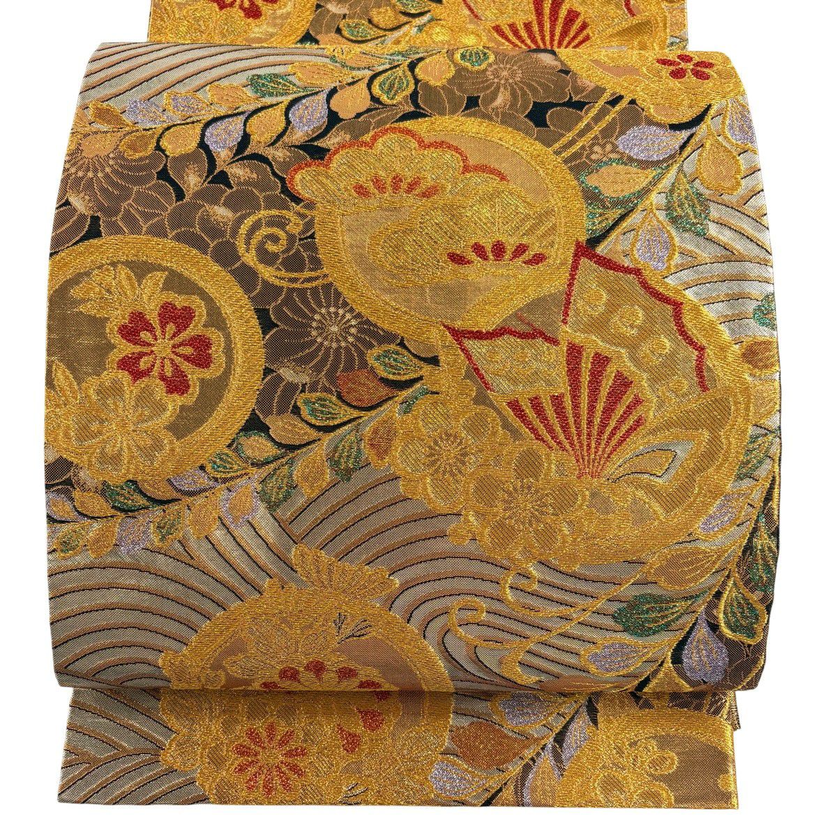 【美品】 袋帶 秀品級 鎌倉紋 蝶 金金箔 金絲 金 六通 純蠶絲