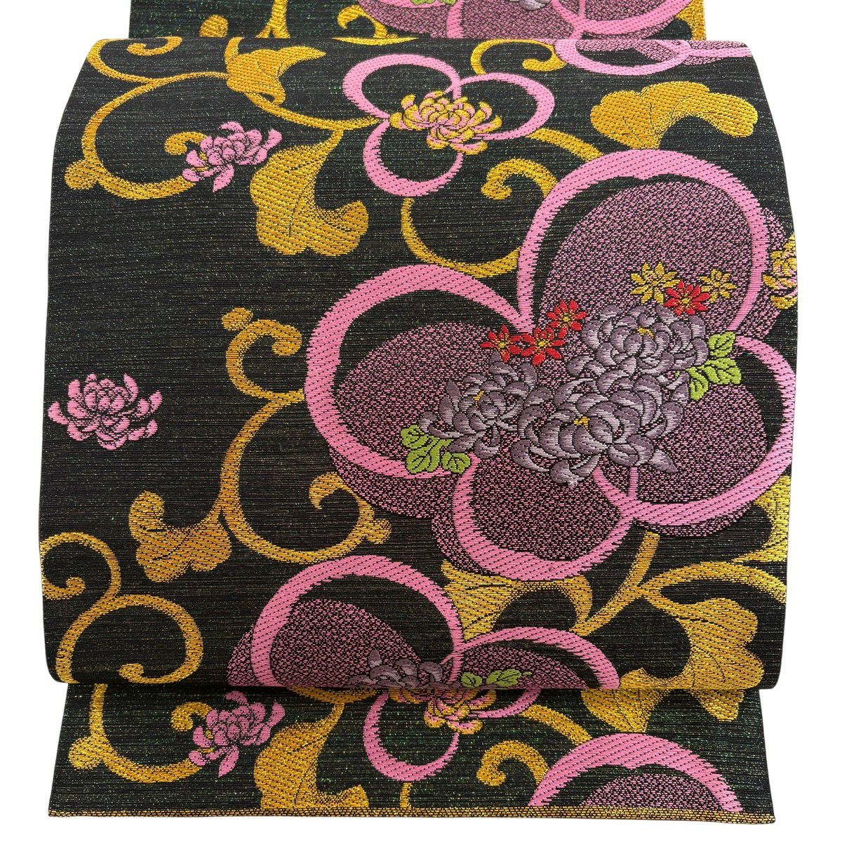 【美品】 袋帶 秀品級 菊花唐草紋 草花紋 金金箔 唐織 墨 深藍 六通 純蠶絲