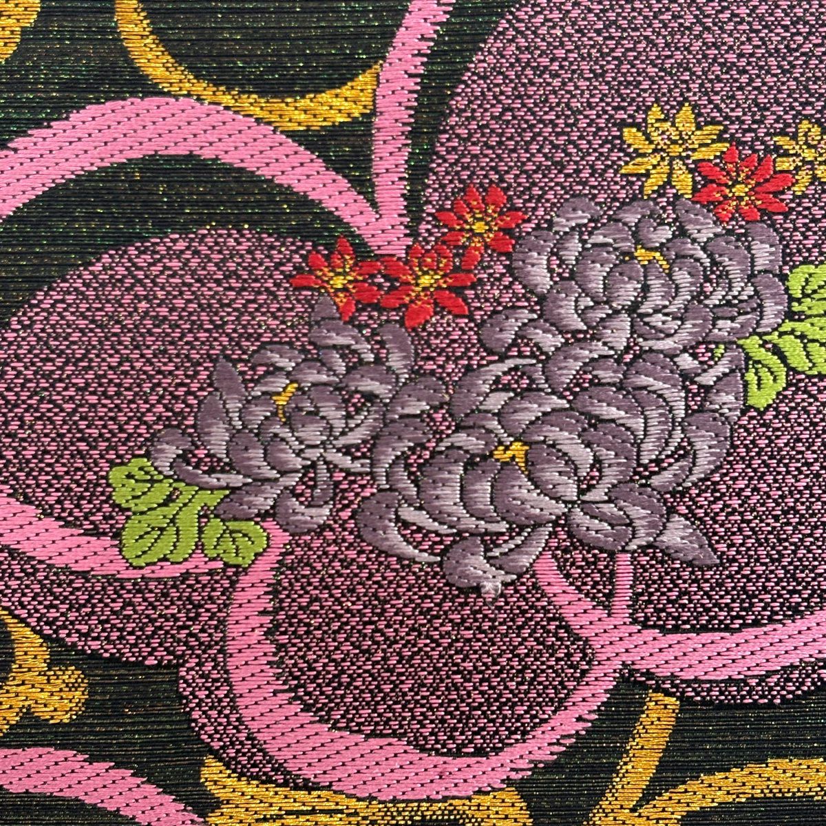 【美品】 袋帶 秀品級 菊花唐草紋 草花紋 金金箔 唐織 墨 深藍 六通 純蠶絲