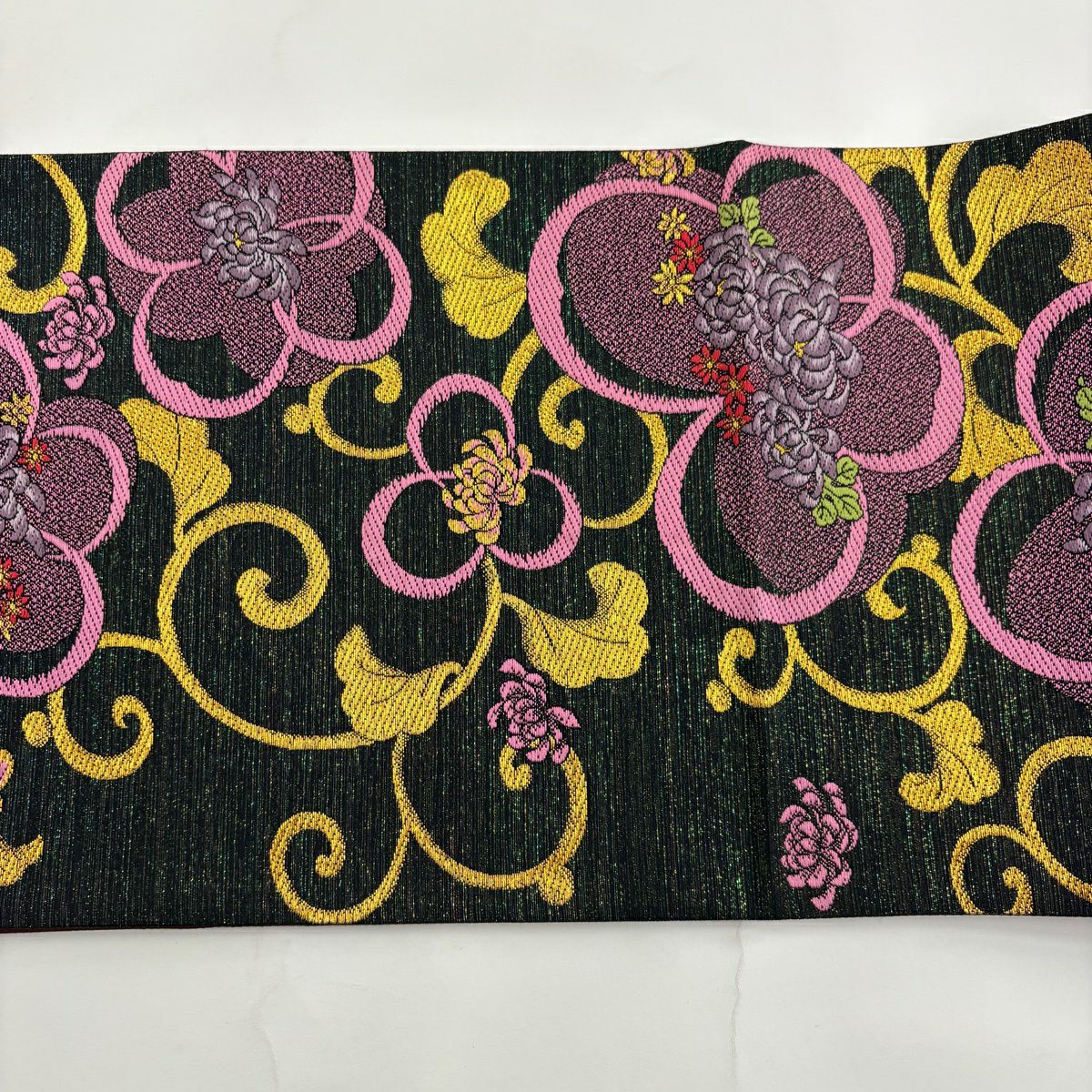 【美品】 袋帶 秀品級 菊花唐草紋 草花紋 金金箔 唐織 墨 深藍 六通 純蠶絲