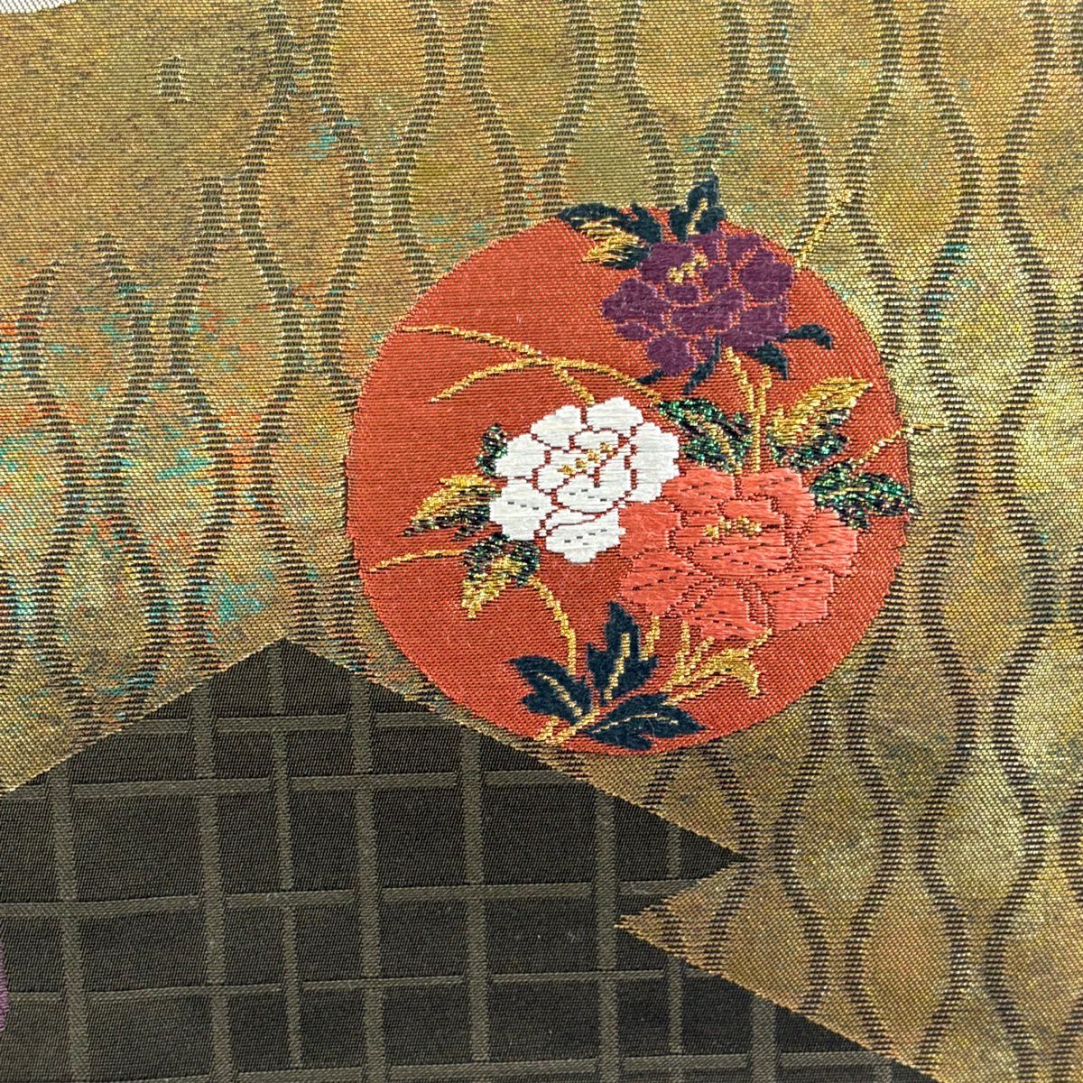 名古屋帶 秀品級 圓紋 有職文樣 唐織 金金箔 茶綠 純蠶絲