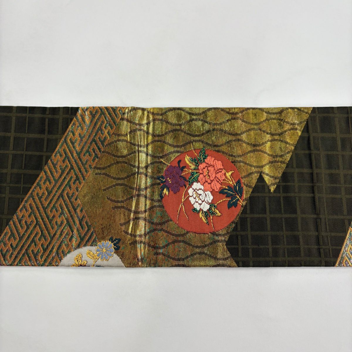 名古屋帶 秀品級 圓紋 有職文樣 唐織 金金箔 茶綠 純蠶絲