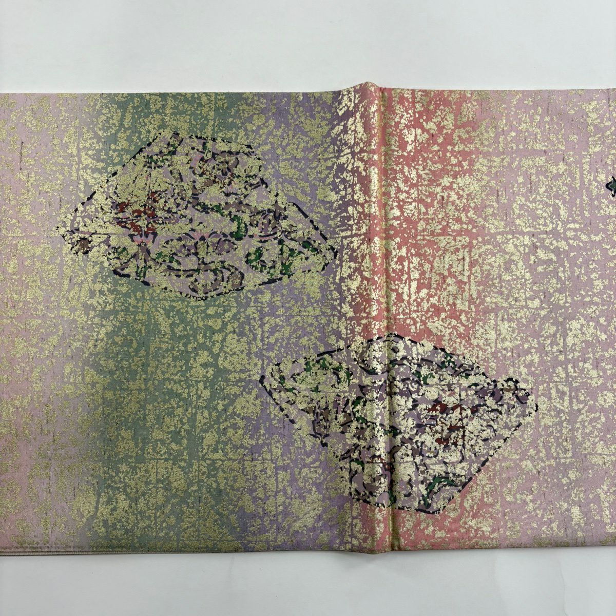 袋帶 優品級 紬織織 草花紋幾何圖案 金銀彩 漸層 淺紫 大鼓圖案 純蠶絲