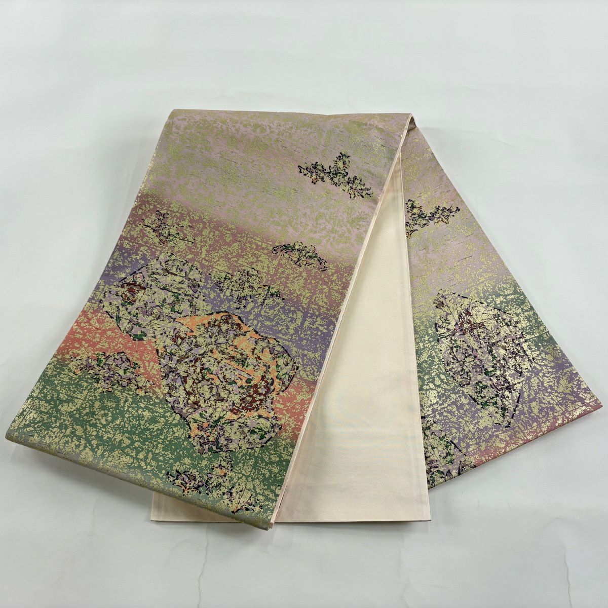 袋帶 優品級 紬織織 草花紋幾何圖案 金銀彩 漸層 淺紫 大鼓圖案 純蠶絲