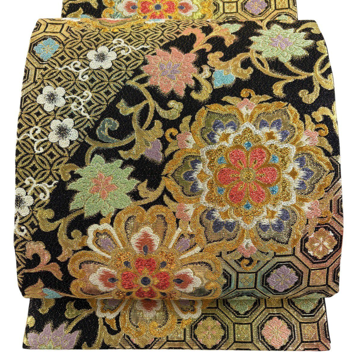 【美品】 袋帶 秀品級 華紋 七寶 金金箔 唐織 黑 六通 純蠶絲