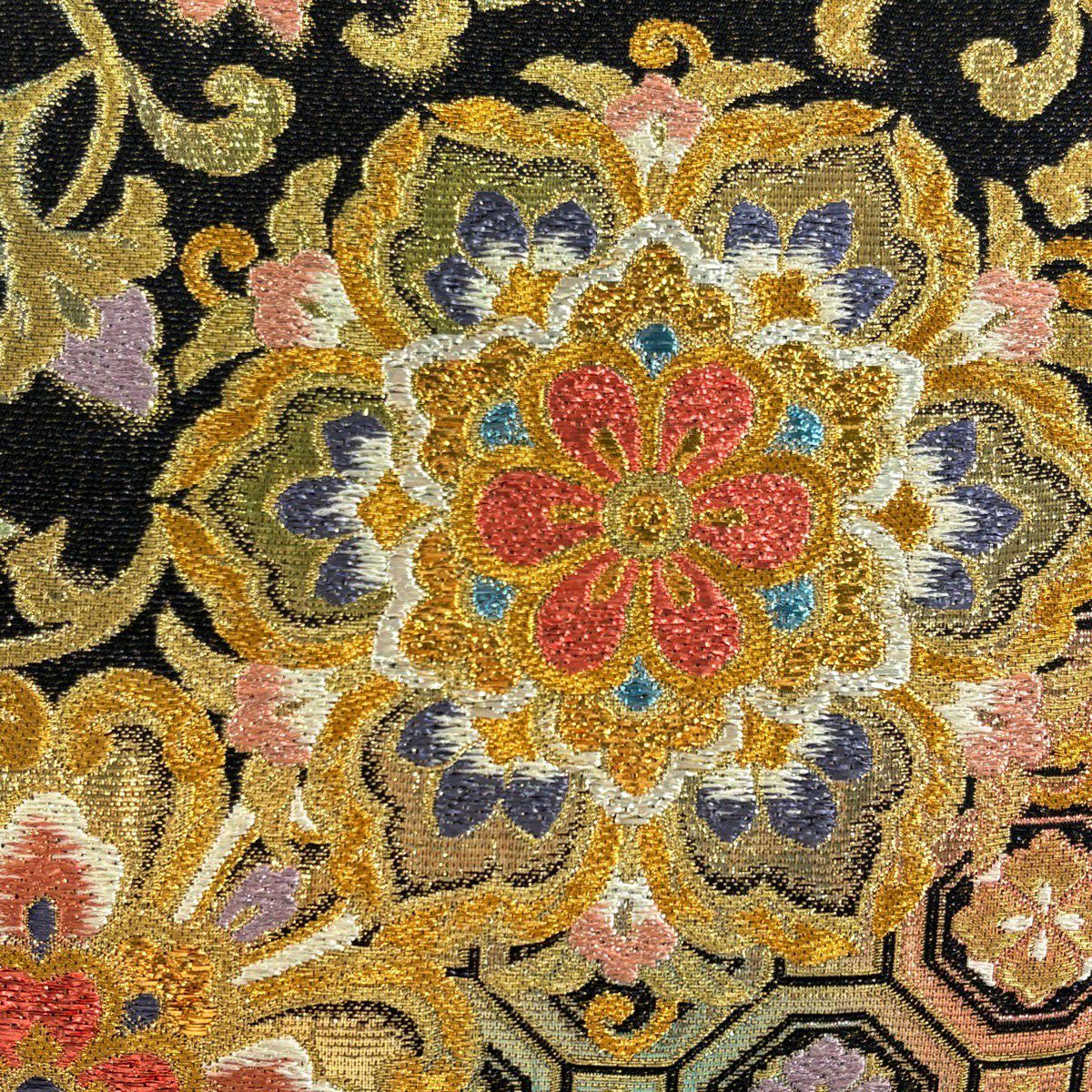 【美品】 袋帶 秀品級 華紋 七寶 金金箔 唐織 黑 六通 純蠶絲