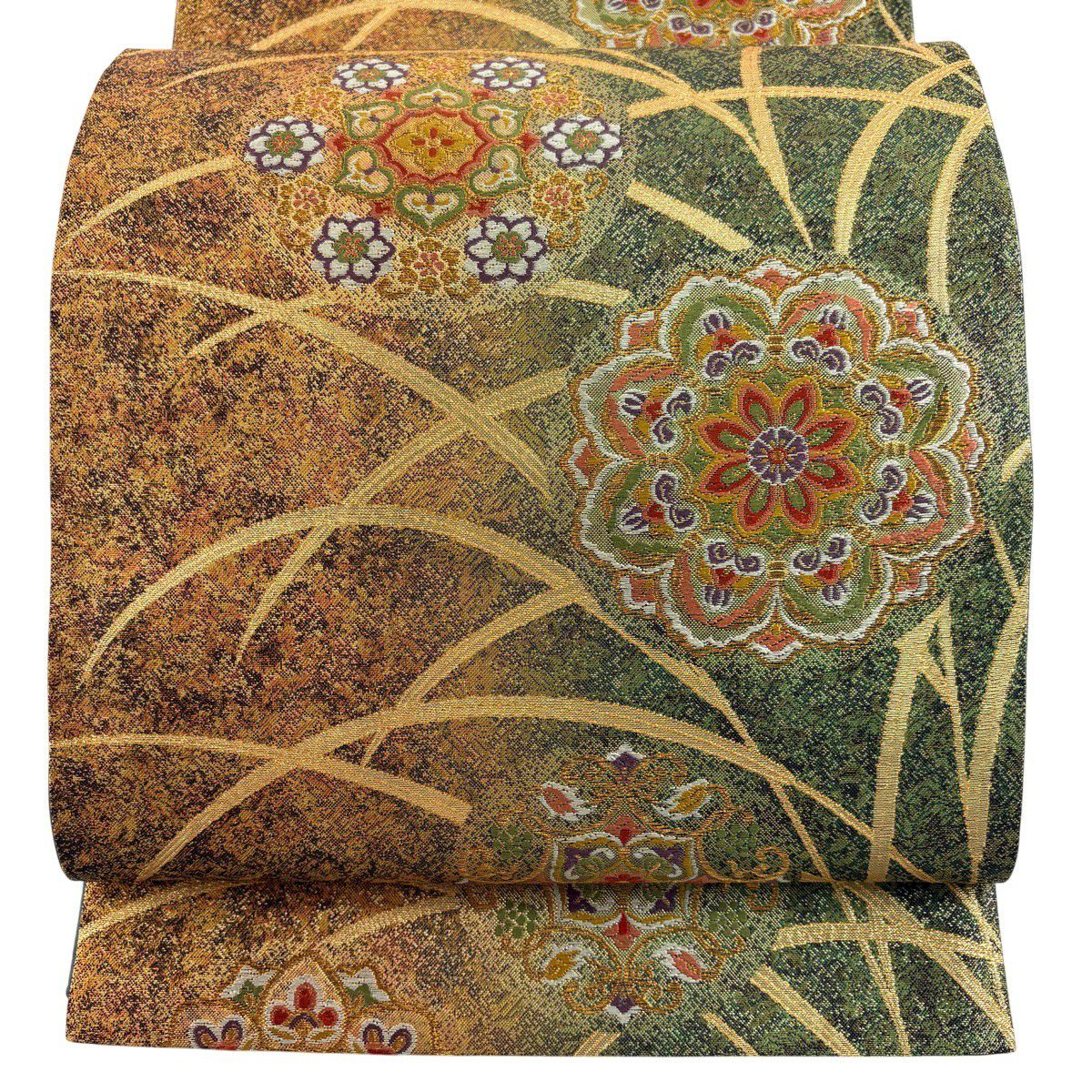 【美品】 袋帶 秀品級 華紋 芝 唐織 金金箔 綠 六通 純蠶絲