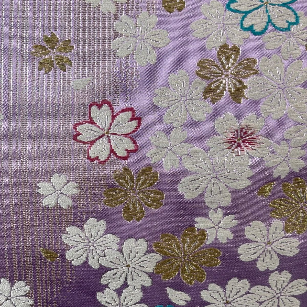 【美品】 袋帶 優品級 櫻花 條紋 金絲 金金箔 紫色 六通 純蠶絲