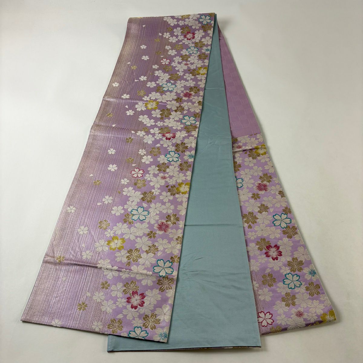 【美品】 袋帶 優品級 櫻花 條紋 金絲 金金箔 紫色 六通 純蠶絲