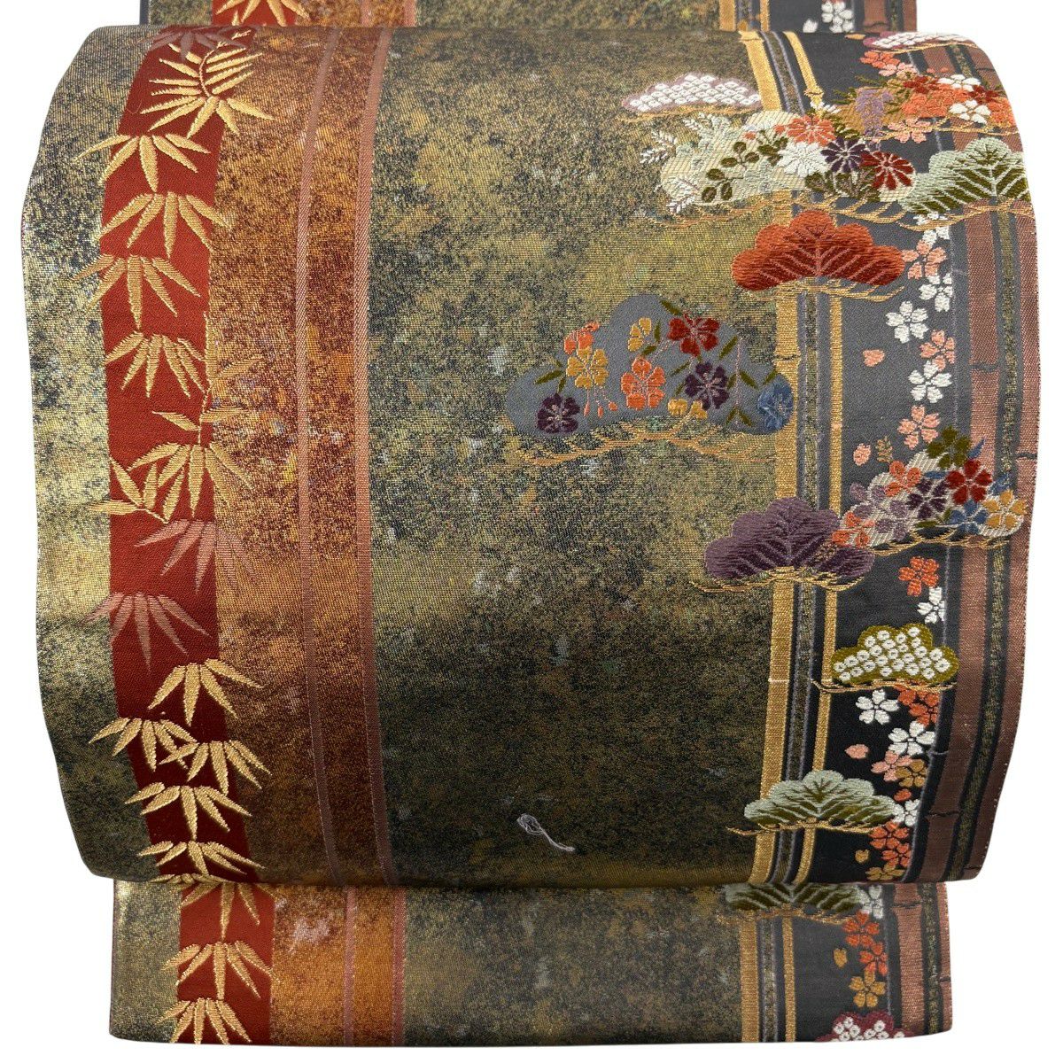 【美品】 袋帶 秀品級 笠松樹 櫻花 金金箔 金絲 茶綠 六通 純蠶絲