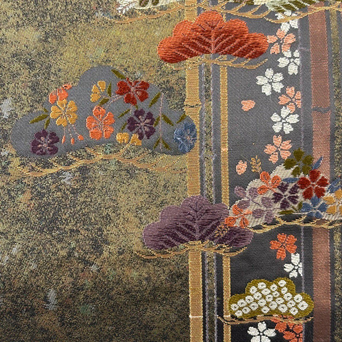 【美品】 袋帶 秀品級 笠松樹 櫻花 金金箔 金絲 茶綠 六通 純蠶絲