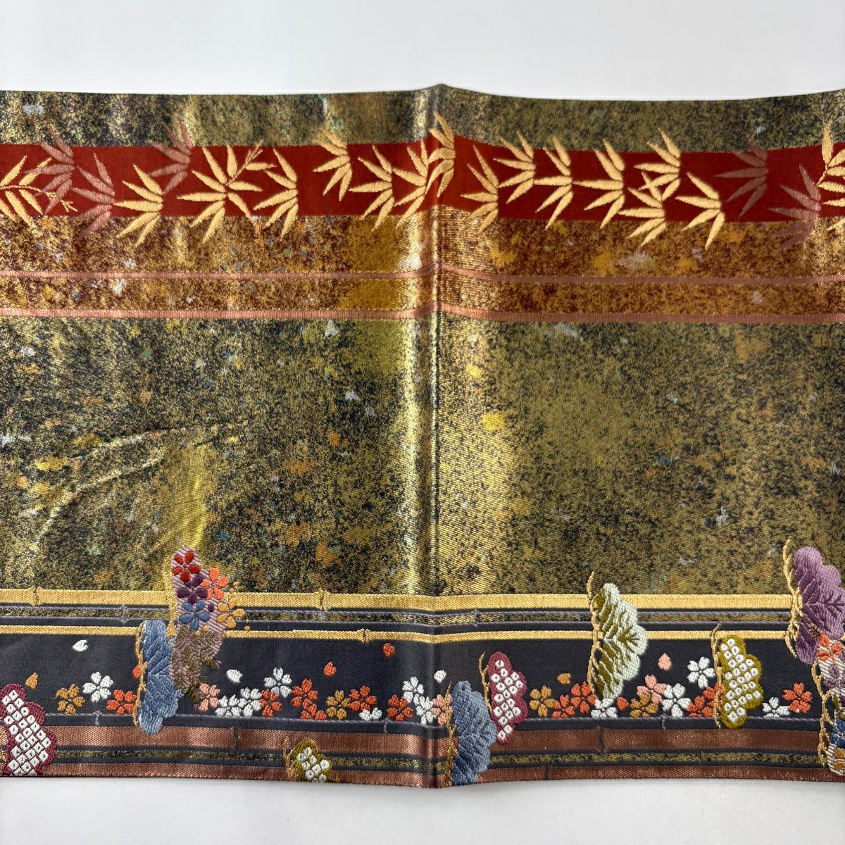 【美品】 袋帶 秀品級 笠松樹 櫻花 金金箔 金絲 茶綠 六通 純蠶絲