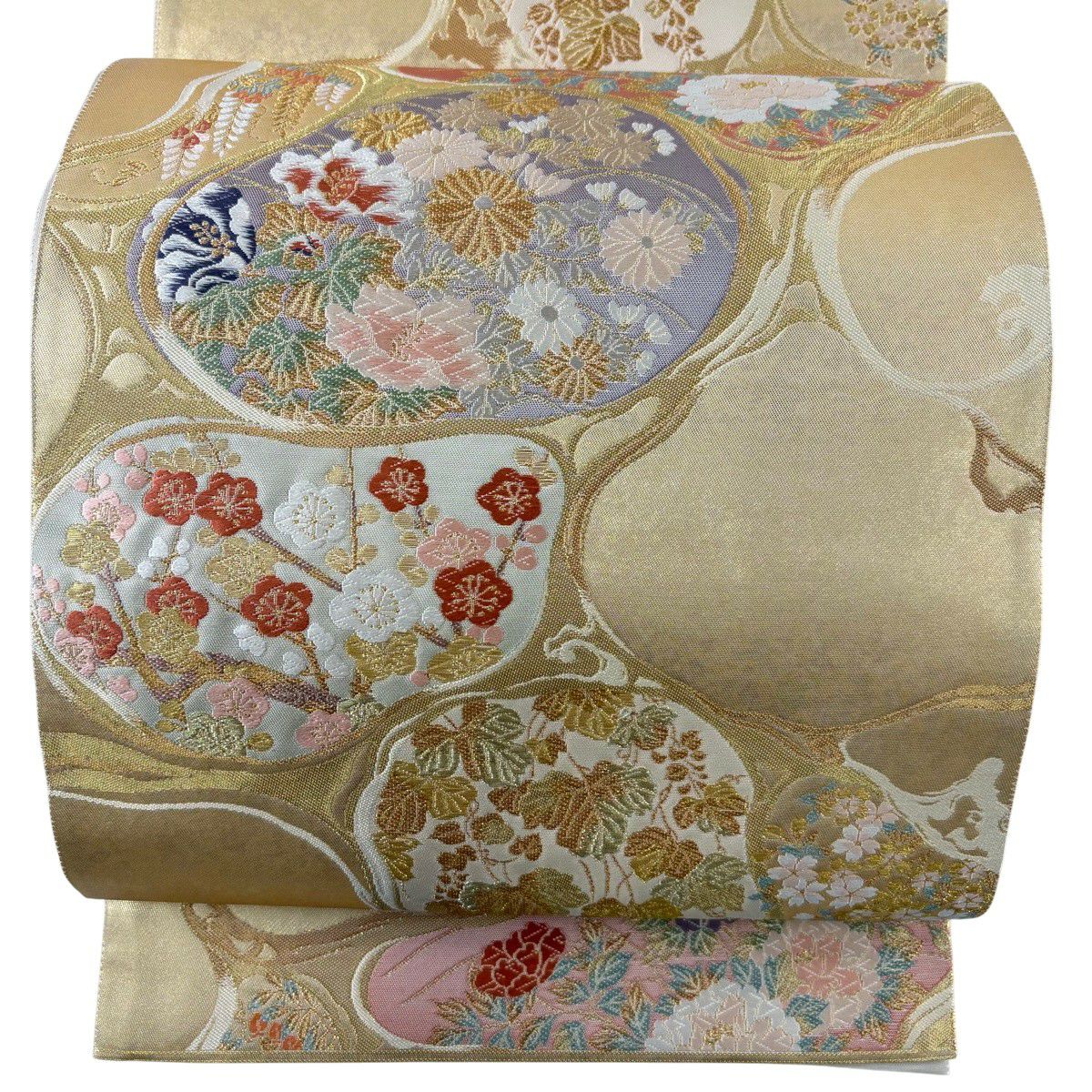 【美品】 袋帶 秀品級 牡丹 菊花 金金箔 金絲 金 六通 純蠶絲