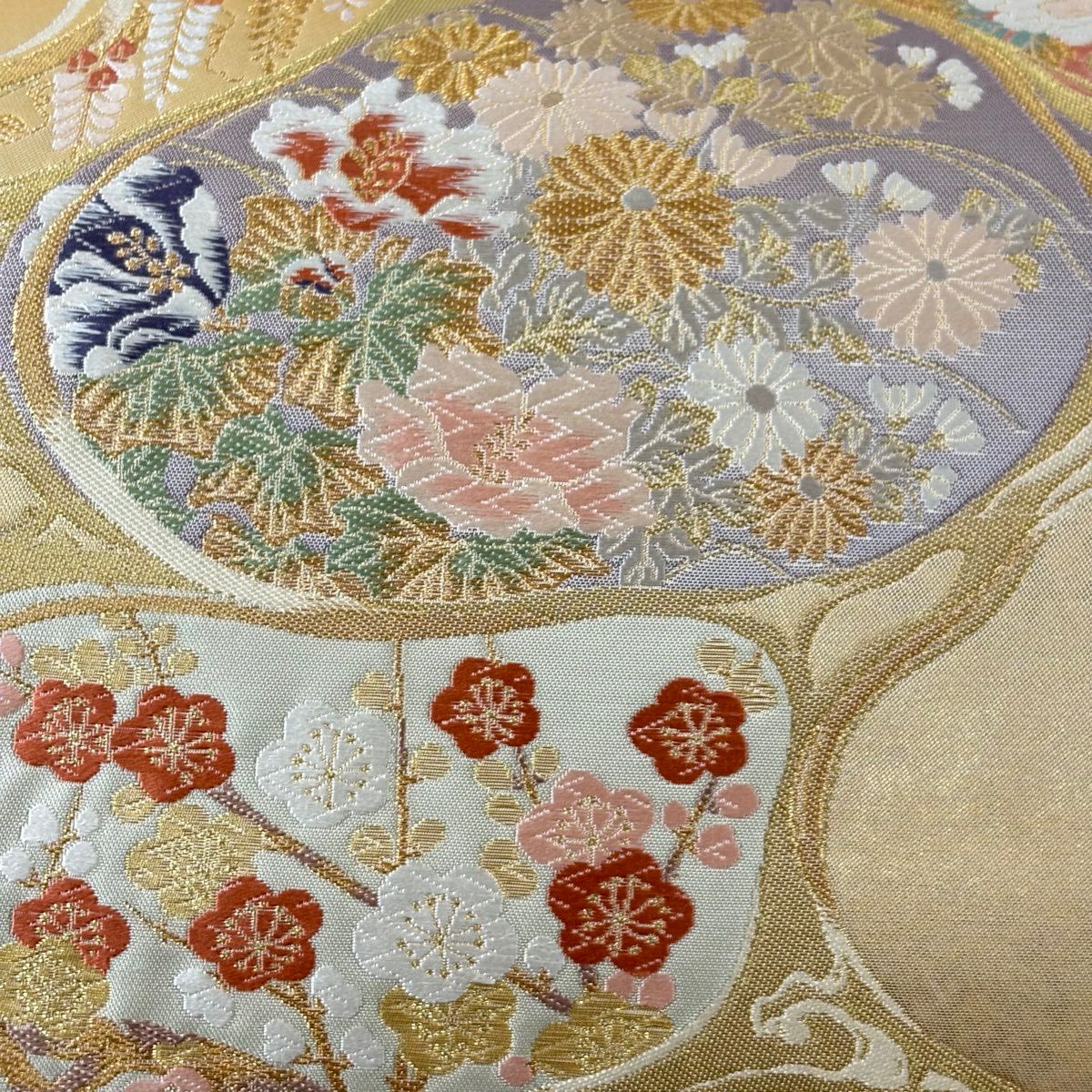 【美品】 袋帶 秀品級 牡丹 菊花 金金箔 金絲 金 六通 純蠶絲