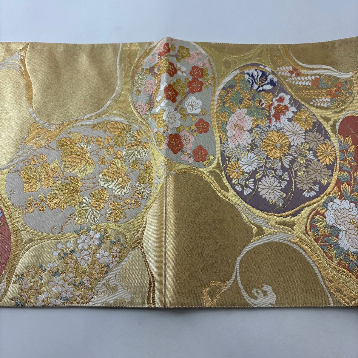 【美品】 袋帶 秀品級 牡丹 菊花 金金箔 金絲 金 六通 純蠶絲